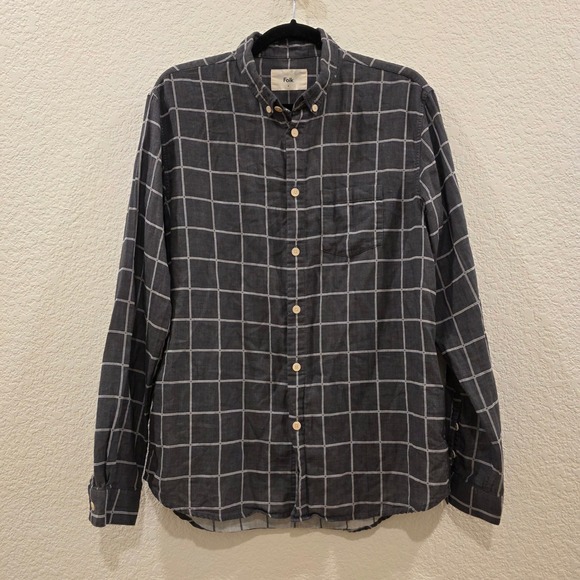 Folk Other - Folk Mens Windowpane Check Button Down Shirt Charcoal Grey Cotton Size 4 L